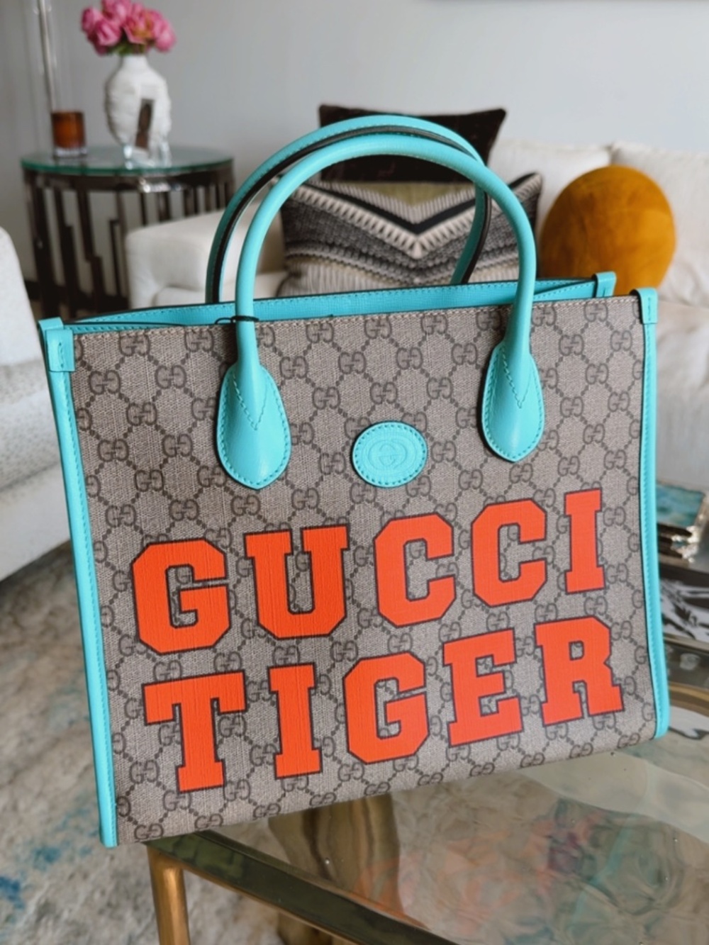 GG Supreme Monogram Textured Gucci Tiger Tote